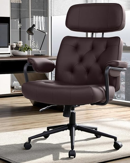Big and Tall Office Chair 500LBS, Executive Office Chair for Heavy People, Heavy Duty Desk Chair Comfy, Computer Chair High Back PU Leather, Extra Wide Rocking Chair with Wheels Home Office, Brown 2PC