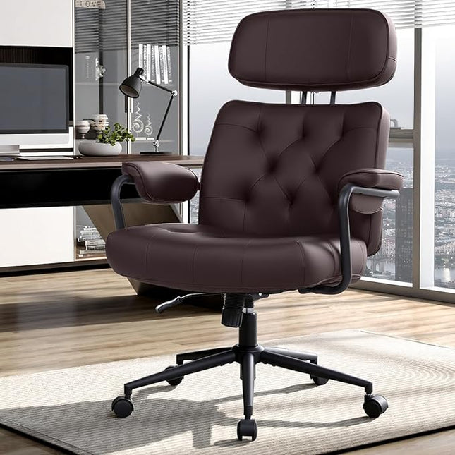 Big and Tall Office Chair 500LBS, Executive Office Chair for Heavy People, Heavy Duty Desk Chair Comfy, Computer Chair High Back PU Leather, Extra Wide Rocking Chair with Wheels Home Office, Brown 2PC