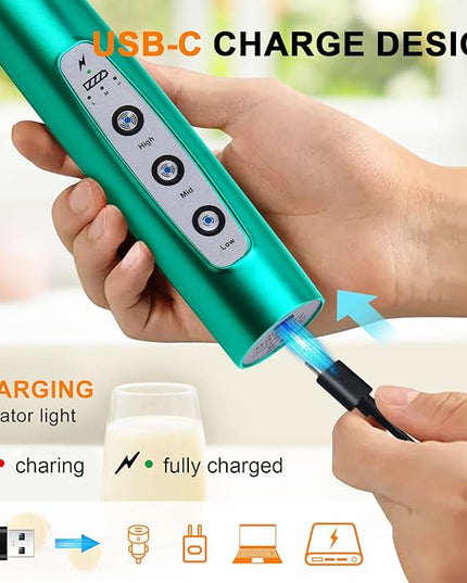 YUSWKO Handheld Milk Frother for Coffee, Rechargeable Drink Mixer with 3 Heads 3 Speeds Electric Coffee Frother For Latte, Cappuccino, Hot Chocolate, Egg