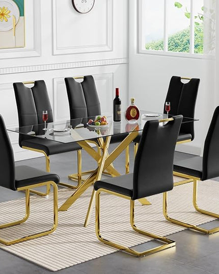 7 Piece Glass Dining Table Set Gold Glass Kitchen Dining Room Table Set for 6, 51" Modern Rectangular Glass Metal Dining Table with 6 Black Leather Dining Chairs for Kitchen Dining Room