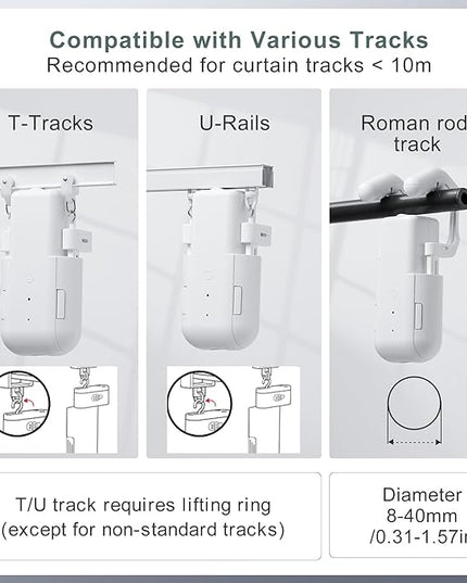 Automatic Curtain Opener Electric: Smart Remote Control Closer｜Long-Lasting Battery/Type-C｜No Drill for 8-40mm Roman Rods/T-Tracks & U-Rails｜Quiet Motor Robot for Bedroom/living room