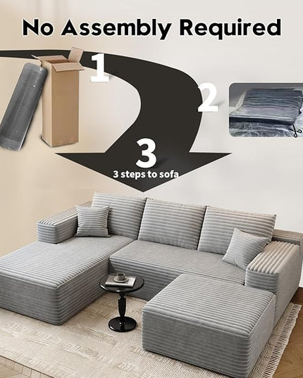 107.5" Cloud Modular Sectional Couch with 1 Ottoman,Modern Minimalist Upholstered Couches, Comfort U Shaped Sofa for Living Room,Deep Seat Corner Couch，No Assembly Required (Grey,Left Facing Chaise)