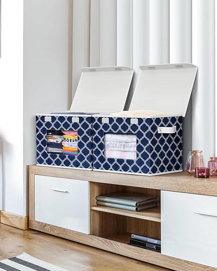 Univivi Fabric Foldable Storage Boxes [4-Pack] Large Collapsible Stackable Storage Bins with Lids, Closet Organizers and Storage Cube Basket for Home, Office, Bedroom (Blue Lantern, 17”x 12” x 12”)