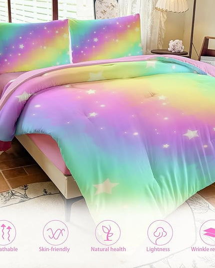Rainbow Bedding Set Full Size – 5 Piece Reversible Girls Comforter with Deep-Pocket Sheet, Gradient Galaxy Design, Whole-Piece Filling, Machine Washable Bed-in-a-Bag for Kids Room Makeover & Gifts