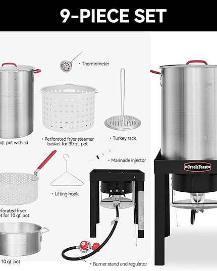 CreoleFeast TFS3010 Propane 30 Qt. Turkey and 10 Qt. Fish Fryer Boiler Steamer Set, 50,000 BTU Burner, Ideal for Outdoor Cooking