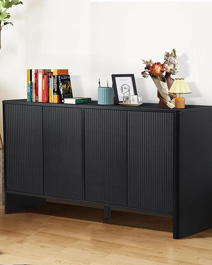 Sideboard Buffets Cabinet, Modern Accent Storage Cabinet with 4 Fluted Doors and Adjustable Shelves, Wood Credenza Buffet Sideboards, Console Table for Kitchen Dining Living Room Entryway (Black)