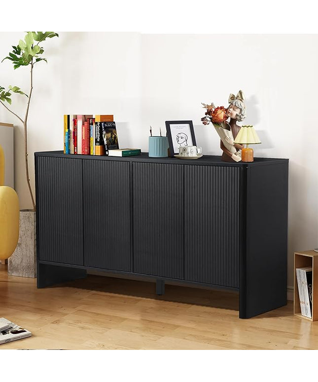 Sideboard Buffets Cabinet, Modern Accent Storage Cabinet with 4 Fluted Doors and Adjustable Shelves, Wood Credenza Buffet Sideboards, Console Table for Kitchen Dining Living Room Entryway (Black)