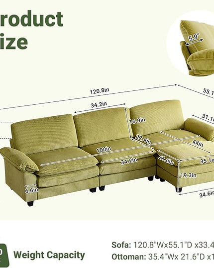 VINGLI 121" L Shape Sectional Couch, Convertible Sectional Couch for Small Living Room,Modern 3-Seat Convertible Loveseat Sofa with 1 Ottoman in Corduroy,Olive Green
