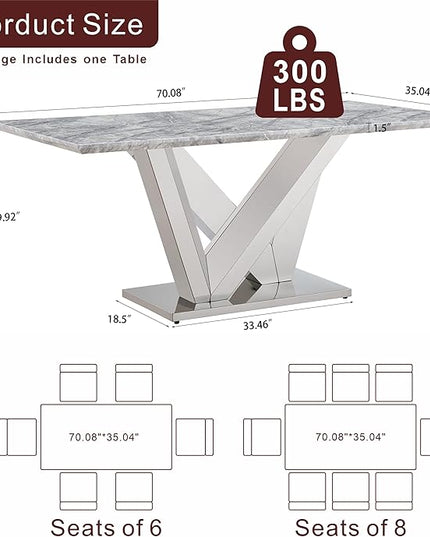 70 Inch Modern Rectangular Dining Table for 6, Faux Marble Top with Mirrored Stainless Steel Base, Large Kitchen Table for Dining Room, Living Room, Office, Conference, (Table Only) (Silver + Grey)