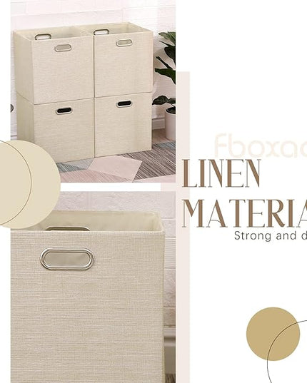 Cube Storage Bins 13×13 Inch Linen Foldable Box with Handles, Collapsible Organization Basket Set of 4 Large Capacity Drawer for Closet Shelf Cabinet Bookcase Bedroom, Beige
