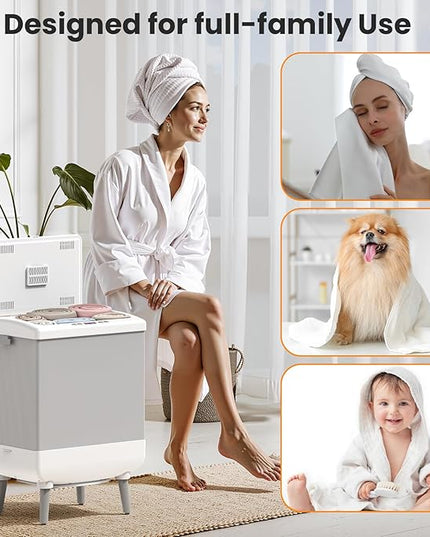 Towel Warmer for Bathroom with Bucket, 35L Foldable Towel Warmer,Fast Heating & Drying Modes,Fits Up to 3 Oversized Towels or 2 Bathrobes,Removable Hanging Hooks,24H Timer, Home & Spa