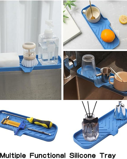 Silicone Bathroom Soap Dishes with Drain Spout-Bathroom and Kitchen Sink Organizer,Sponge Holder,Dish Soap Tray,Perfect for Dispenser,Scrubber,Bottle,Cup on Sink or Counter-Lichen Blue 12"×4"