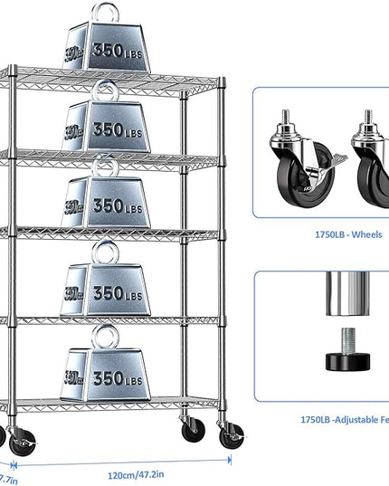 IZEUK 5-Tier Storage Shelving Unit with Wheels, Adjustable Heavy Duty Steel Wire Rack Organizer (Chrome, 17.7" D x 47.2" W x 76.7" H, 1750 lbs Capacity) for Garage, Kitchen, Pantry, Laundry
