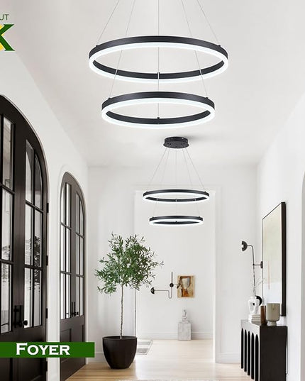 2-Rings Modern LED Chandelier Black for Dining Room, Circular Flush Mount Ceiling Chandelier Light Dimmable Pendant Light with Remote Control for Living Room Entrance Foyer, 3000K-6500K