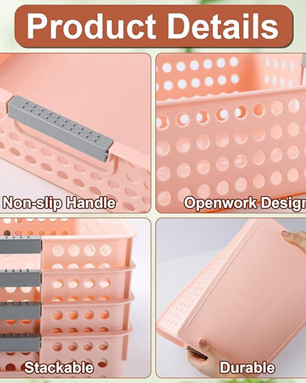4 Pack Turn in Trays Classroom, Classroom Organization, Plastic Storage Paper Tray Holds, Storage Baskets with Handles, Paper Trays for Classroom Office Home Drawers, Pink