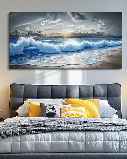 PHAOHUAXM Large Canvas Printed Artworks Mural Wall Decor For Living Room Wall Art For Bedroom Office Decor Black White And Blue Ocean Wave Landscape Painting Modern Home Decor Ready To Hang 30"X60"