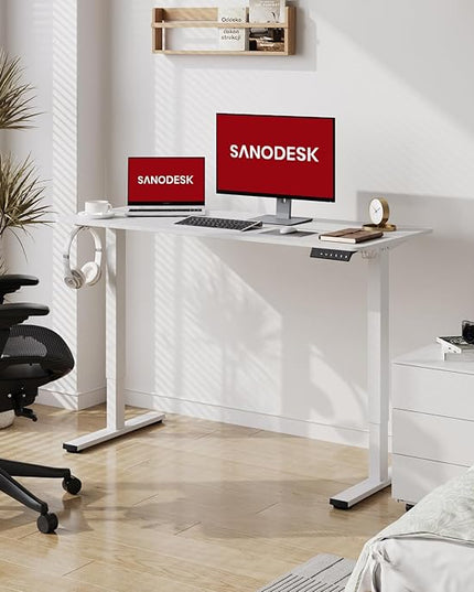 SANODESK Electric Standing Desk 48x24 Inch Height Adjustable Stand Up Desk Home Office Computer Workstation Sit Stand Home Office Desk with Splice Board (White Frame + White Top)