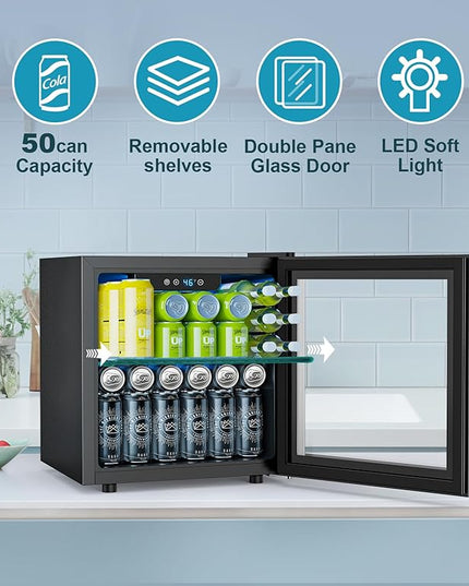 50 Cans Beverage Refrigerator Cooler, 1.3 Cu.ft Mini Fridge Countertop Drink Cooler with Glass Door for Beer, Soda,Wine, Adjustable Digital Temperature Control for Home Dorm Bar, Black