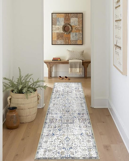 jinchan Kalen Runner Rug 2x8 Washable Hallway Rug Vintage Runner Indoor Floor Cover Thin Retro Distressed Floral Country Non Slip Carpet for Entryway Bathroom Kitchen Bedroom Living Room Stairway Blue