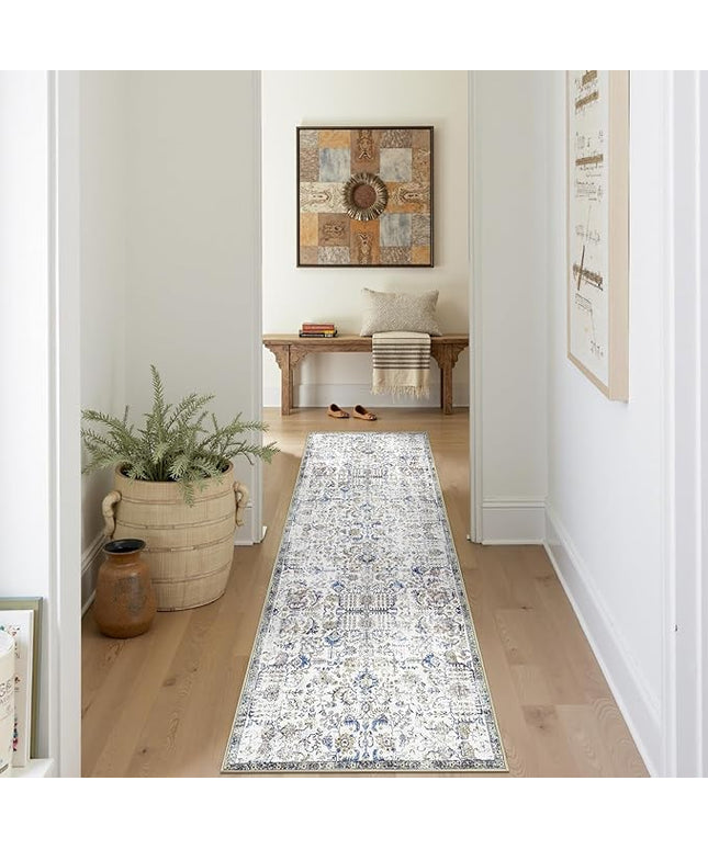 jinchan Runner Rug 2x8 Washable Hallway Rug Vintage Indoor Thin Retro Floor Cover Distressed Floral Country Lightweight Non Slip Carpet for Entryway Bathroom Kitchen Bedroom Living Room Stairway Blue