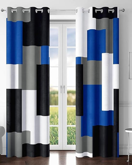 Royal Blue 100% Blackout Curtains for Bedroom 108 inch Extra Long 2 Panels Set Navy Blue Grey Modern Abstract Geometric Black Out Curtains Room Darkening Window Drapes for Living Room, 52Wx108L