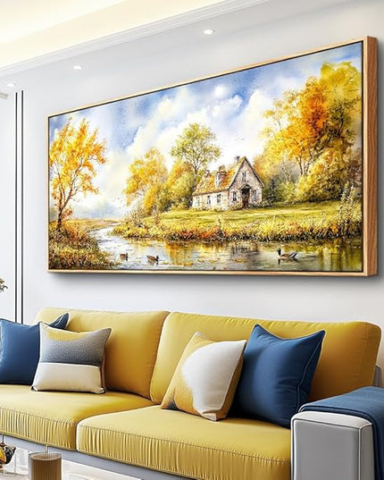 ERQINHUA Large Wall Decoration Canvas For Bedroom Wall Art For Living Room Office Decor Yellow Pastoral Creek Landscape Painting Wood Frame Pictures Art Print Farmhouse Home Wall Aesthetics 24"x48"