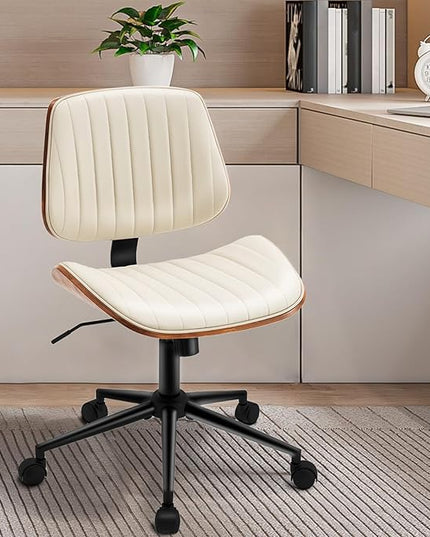 Armless Desk Chair with 360°Swivel Wheels, Ergonomic Adjustable Height Computer Chair for Home Office,PU Leather with Modern Walnut Drafting Chairs for Office, Reading Nook(Beige)