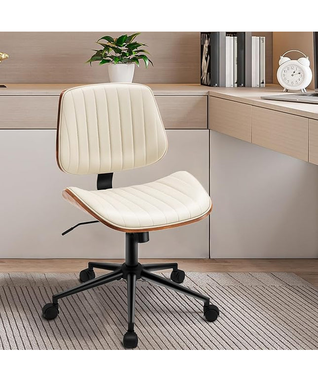 Armless Desk Chair with 360°Swivel Wheels, Ergonomic Adjustable Height Computer Chair for Home Office,PU Leather with Modern Walnut Drafting Chairs for Office, Reading Nook(Beige)