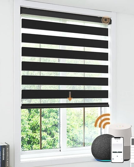Cordless Motorized Zebra Blinds for Windows Blackout with Remote, Custom Dual Layer Smart Zebra Shades Work with Alexa Google, Automatic Electric Light Filtering Roller Shades, Luxury Black