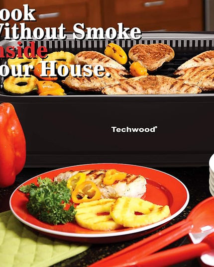 Indoor Grill, Techwood 1500W Smokeless Electric Grill with Tempered Glass Lid, Compact & Portable Non-Stick BBQ Grill with 6-Level Control, Dishwasher Safe, Black