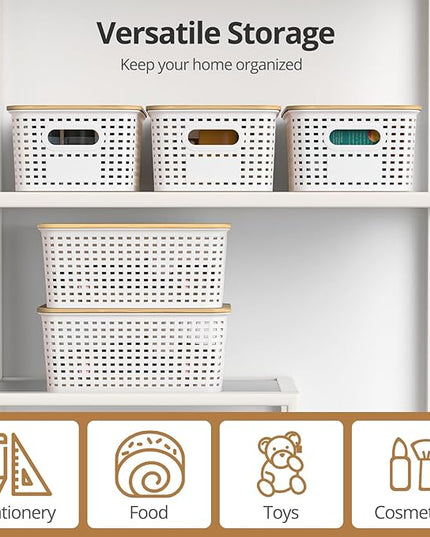 Plastic Storage Baskets with Bamboo Lids, Stackable Small Box Bins for Organizing and Containers for Shelves Drawers Desktop Closet Pantry Classroom Office Home, 6 Pack 10.2x7.2x4.1 Inch, White