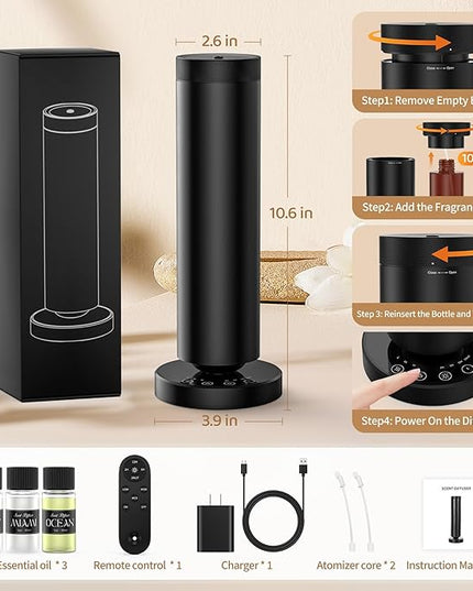 Waterless Diffuser with 90ML Essential Oils, Covers 1000 Sq Ft, Diffusers for Home Hotel, Adjustable Mist & Timer, Scent Diffuser Starter Kit with Night Light, Corded Electric,Black