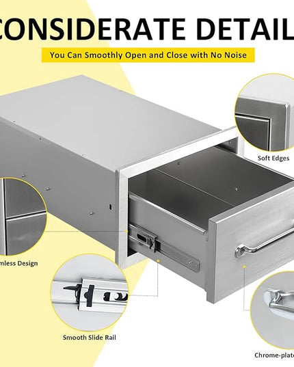 Outdoor Kitchen Drawers 14" W x 8.5" H x 23" D Flush Mount Single BBQ Drawers with Chrome Handle Built-in Stainless Steel Drawer for Outdoor Kitchen Island, Patio Grill Station