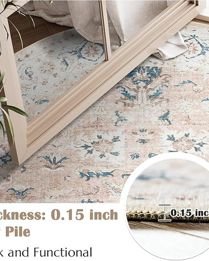 jinchan Round Rug 4ft Area Rug - Washable Boho Vintage Floral Circle 4' Round Floor Cover Lightweight Low Pile Thin Throw Non-Slip Carpet for Kitchen Living Room Bedroom Dining Room Office Pink Blush