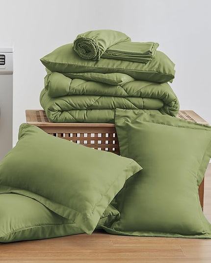 Love's cabin Queen Comforter Set Olive Green, 7 Pieces Queen Bed in a Bag, All Season Bedding Sets with 1 Comforter, 1 Flat Sheet, 1 Fitted Sheet, 2 Pillowcase and 2 Pillow Sham