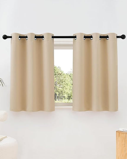 NICETOWN Beige Room Darkening Curtains Blackout 36 inch Curtains for Kitchen, Grommet Solid Window Treatments Sound Reducing for Bedroom, 2 Panels, W37 x L36, 2 Panels