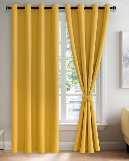 JIUZHEN Blackout Curtains with Tiebacks - Thermal Insulated, Light Blocking and Noise Reducing Grommet Curtain Drapes for Bedroom and Living Room, Set of 2 Panels, Yellow, 52 x 84 Inch Length