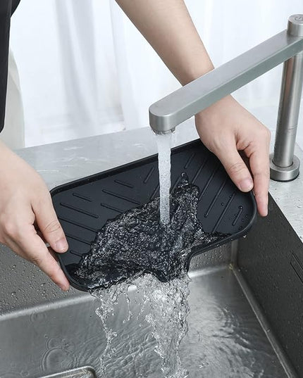 Silicone Bathroom Soap Dishes with Drain Spout-Bathroom and Kitchen Sink Organizer,Sponge Holder,Dish Soap Tray,Perfect for Dispenser,Scrubber,Bottle,Cup on Sink or Counter-Black 9.6"×5.3"