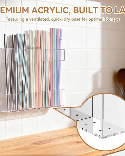 9.5 Inch Cabinet Door Acrylic Straw Holder with Double-Sided Tape, Kitchen Countertop Cabinet Storage Box for Organizing Straws (Transparent)