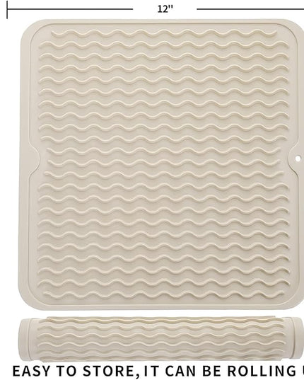 Silicone Dish Drying Mat for Multiple Usage,Easy clean,Eco-friendly,Heat-resistant Silicone Mat for Kitchen Counter or Sink,Refrigerator or Drawer liner Tapioca M 12 inches x 12 inches