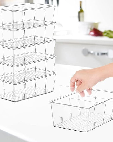 wilfox Pantry Organizer, 7 Pack Clear Bins with Removable Dividers, Pantry Organizers and Storage, Fridge and Cabinet Organizer for Snack, Pouches, Spice Packets