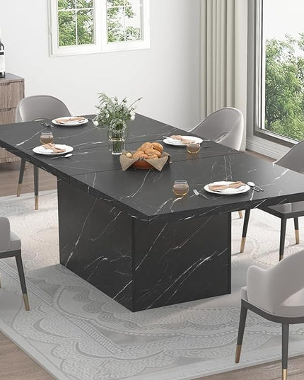 HSH Black Faux Marble Dining Table, 63 inch Modern Dinner Table for 6 Person, Farmhouse Rectanglur Kitchen Table for Living Room, Long Wood Dining Room Tables with strong Pedestal, Black Marble, 63 In