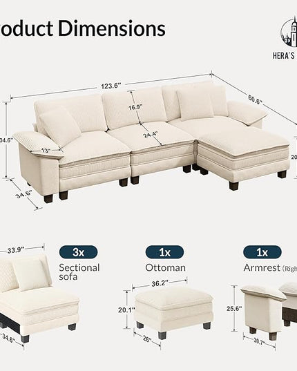 HERA'S HOUSE 124" Modular Sectional Sofa, Oversized L Shaped Couches for Living Room, Comfy Cloud Couch with Ottoman, 4-Seater Deep Seat Sofa with Throw Pillow, Corduroy and Chenille Beige