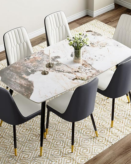 6 Person Dining Table Set, Sintered Stone Dining Table Set for 6, Kitchen Table Chairs Set of 6, Easy to Assemble
