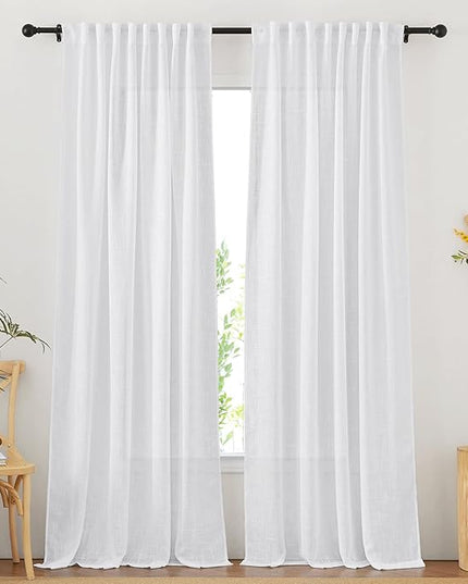 NICETOWN White Linen Sheer Curtains 108 Inches Long 2 Panels Set, Back Tab & Rod Pocket Pinch Pleated Curtains for Bedroom Room Darkening Window Drapes for Living Room, 52 inches Wide per Panel