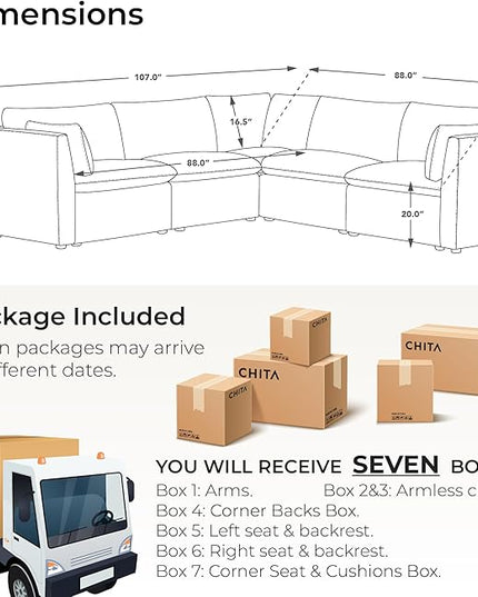 CHITA Luxury Oversized V-Shaped Sectional Modular Sofa, Premium Down Filled Cloud Couch, FSC Certified, 107''Width, 6 Seat and 1 Middle Corner for Living Room, Cream