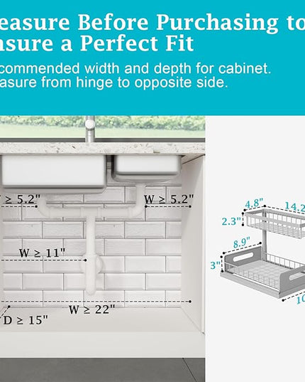 REALINN Under Sink Organizer, Pull Out Cabinet Organizer 2 Tier Slide Out Sink Shelf Cabinet Storage Shelves, Storage for Kitchen Bathroom, Grey, 2 Pack