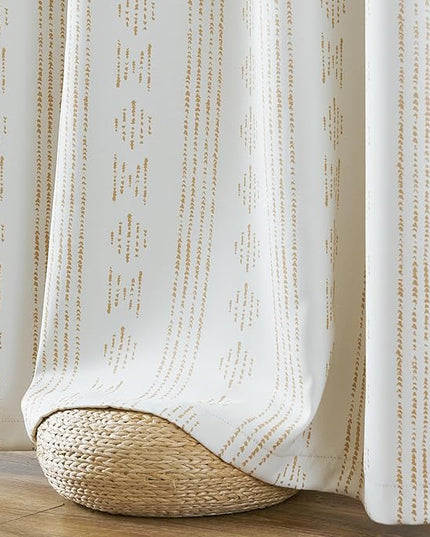 jinchan 95% Blackout Boho Curtain 84 Inches Long for Bedroom 1 Panel Extra Wide Printed Curtain Beige Geometric Grommet Top Thermal Insulated Window Drape Beige