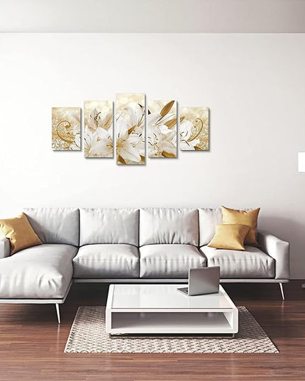 LUDUHU Golden Orchid Flowers Canvas Print - Abstract Floral Wall Art Painting Decor for Home Decoration, Contemporary White Floral Artwork Picture Bedroom Wall Art Decor (E,Oversize 40x20inch)