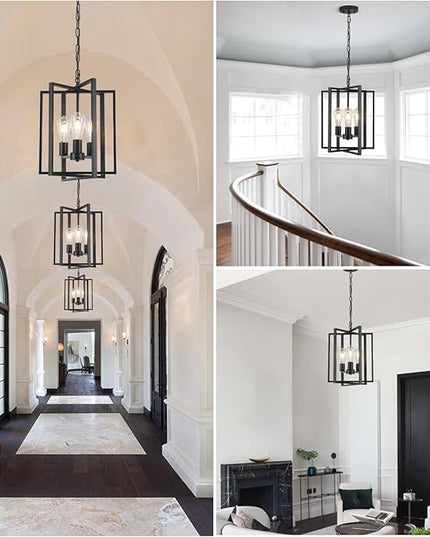 Black Farmhouse Modern Chandelier Light Fixture for Dining Room, 3 Light Rustic Kitchen Island Metal Pendant Hanging, Adjustable Geometric Foyer Light Fixtures for Entryway Hallway Living Room